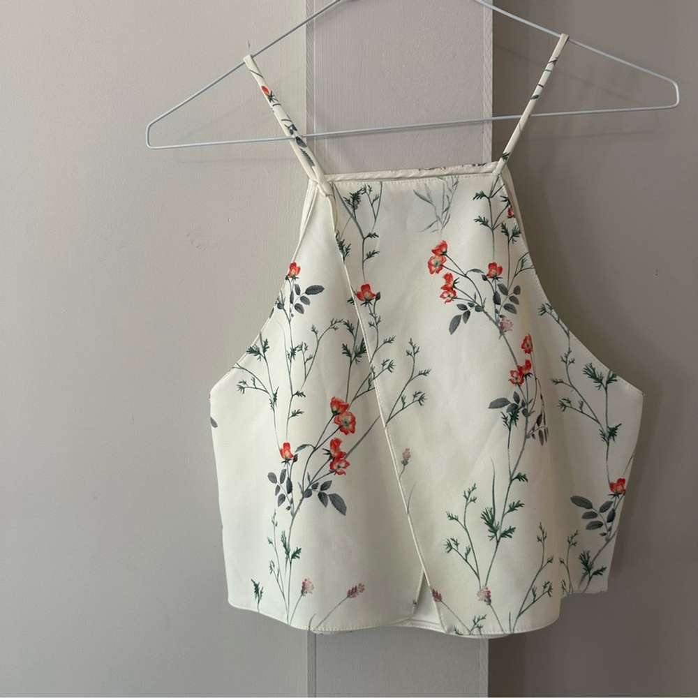 ZARA GREEN & CREAM FLORAL RACER BACK STYLE A-LINE TANK OVERLAP AT REAR SZ MED - Picture 5 of 8